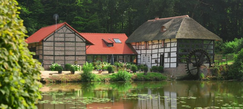 Tüschenbroicher Ölmühle mit See im Sonnenschein